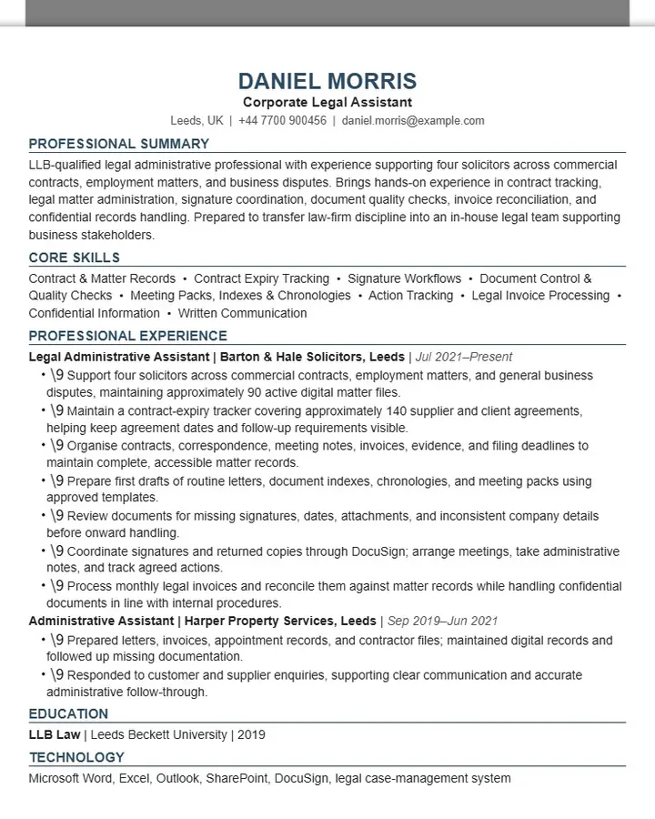 Daniel Morris — Corporate Legal Assistant Resume