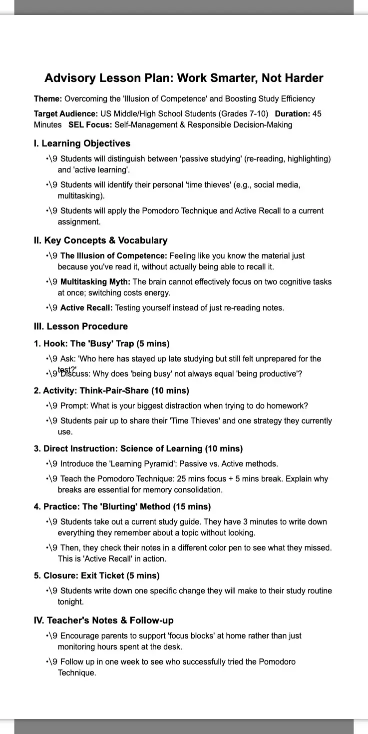 Advisory Lesson Plan: Work Smarter, Not Harder 2