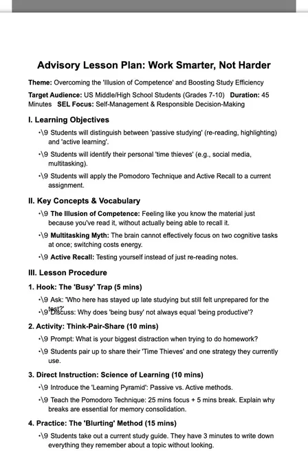 Advisory Lesson Plan: Work Smarter, Not Harder