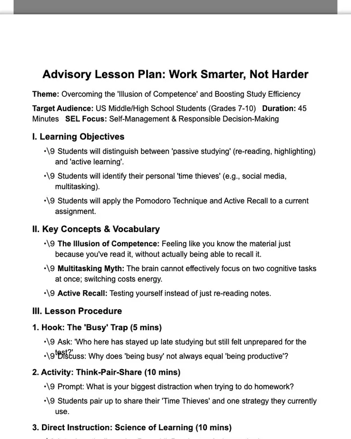 Advisory Lesson Plan: Work Smarter, Not Harder