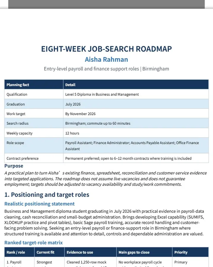 Aisha Rahman — 8-Week Graduate Job Search Roadmap