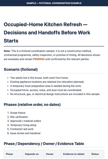 Occupied-Home Kitchen Refresh — Decisions and Handoffs (Sample)