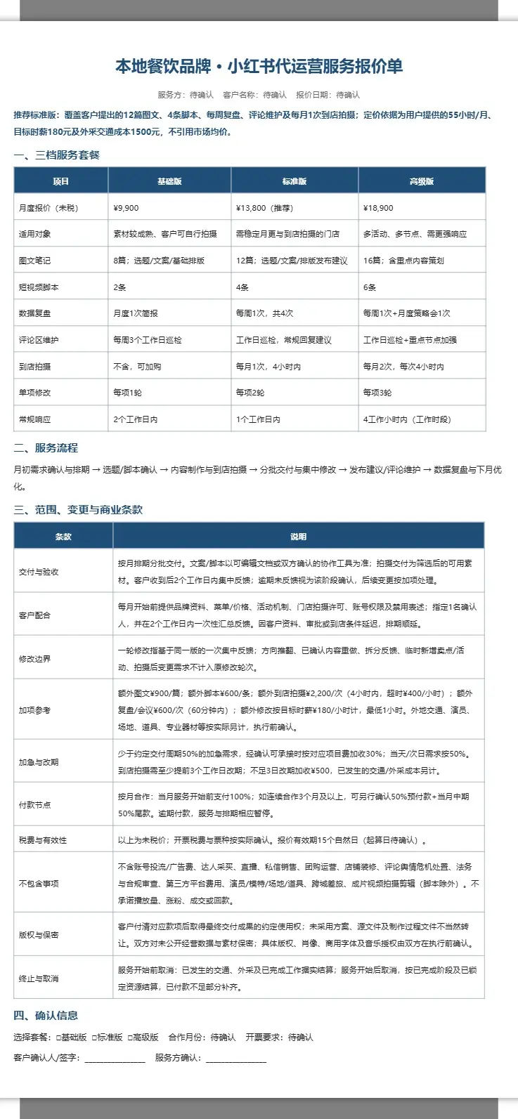 小红书代运营三档套餐报价单 2