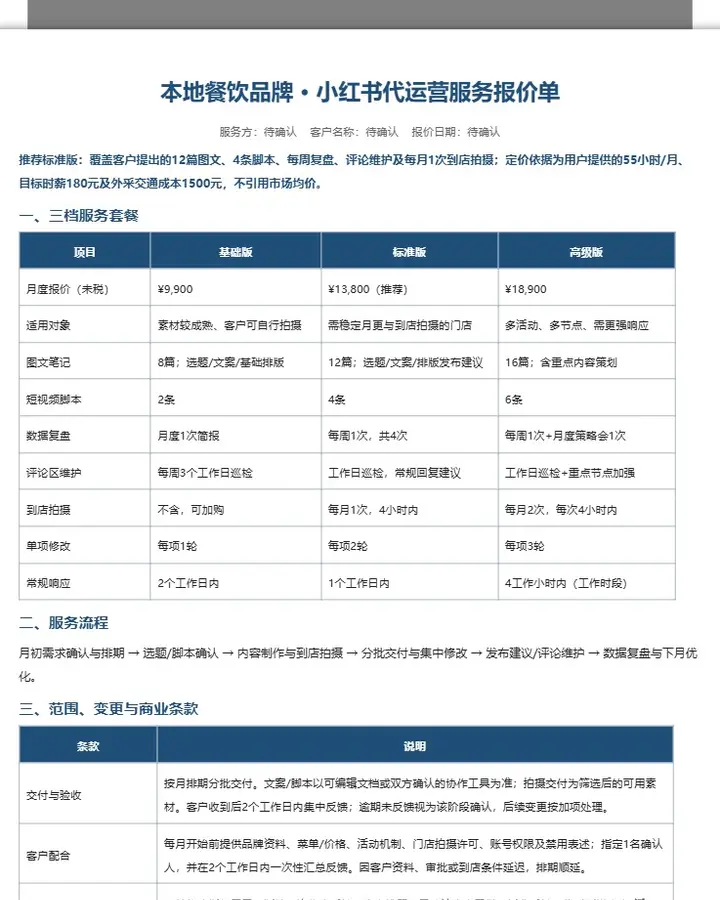 小红书代运营三档套餐报价单