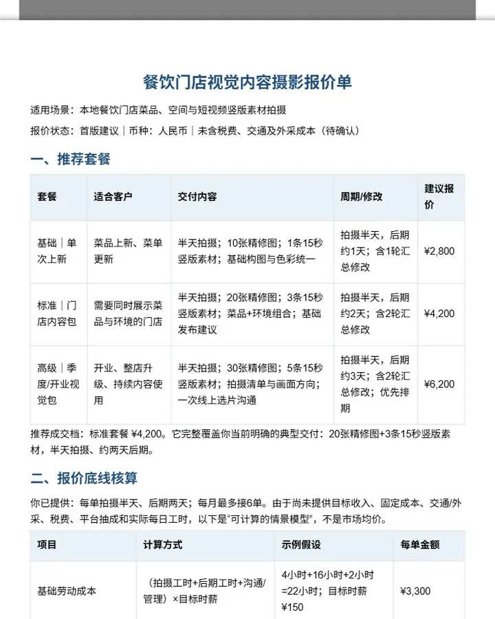 餐饮门店摄影服务报价单