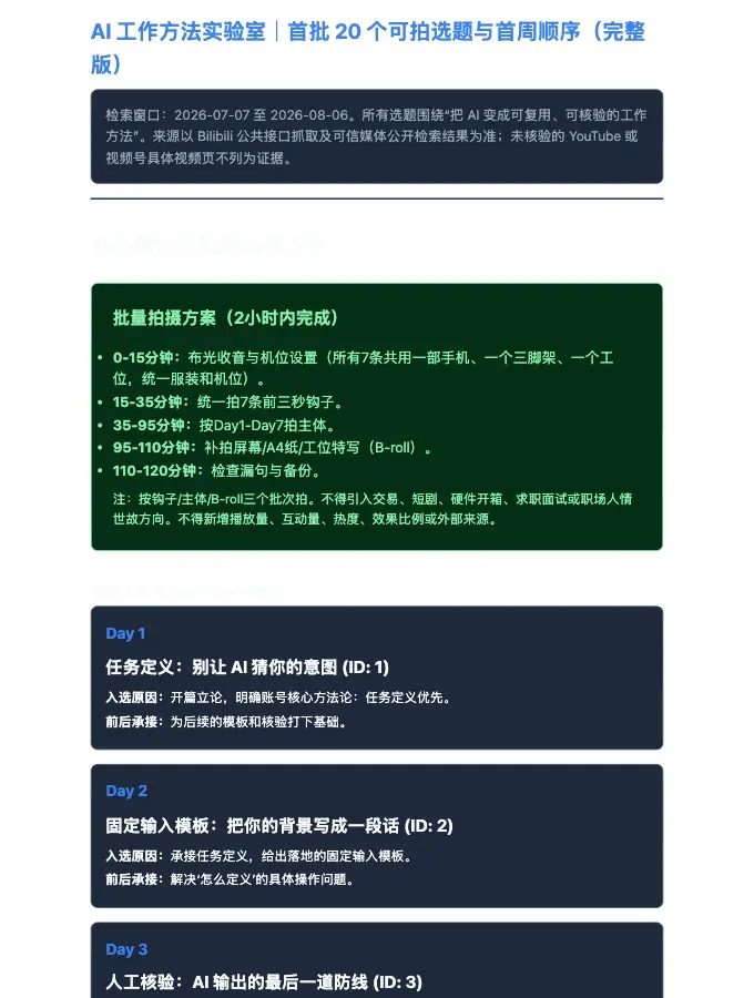 AI 职场口播账号冷启动｜首批 20 个选题与拍摄优先级
