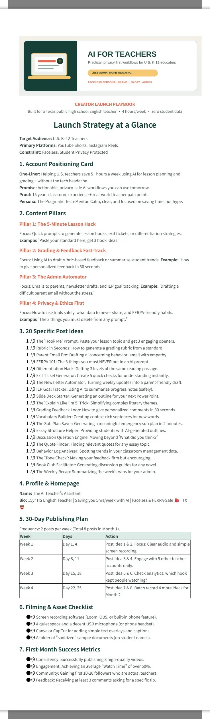 AI Teacher: Faceless Personal Account Launch Plan 2