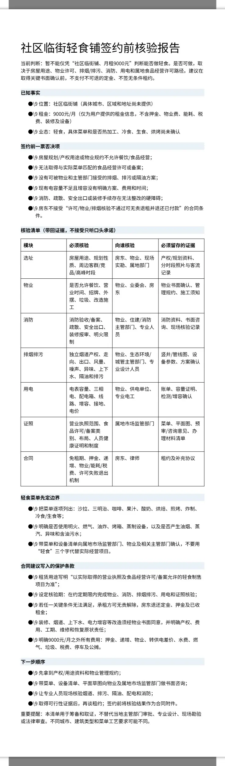 社区轻食铺签约前核验报告 2