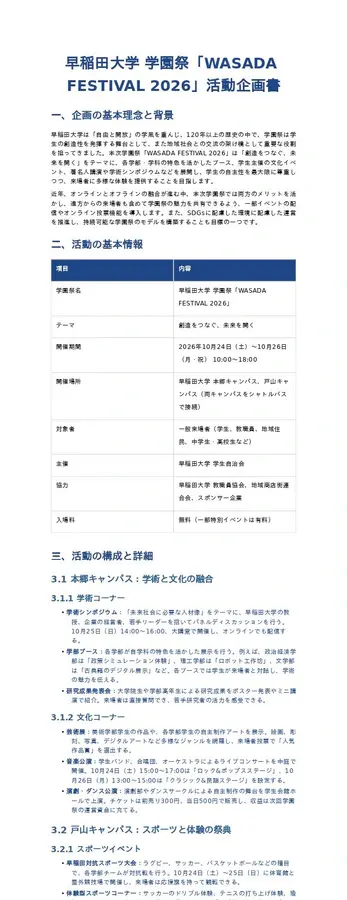 早稲田大学 学園祭「WASADA FESTIVAL 2026」活動企画書