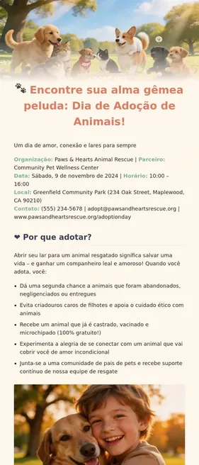 (11 palavras, combina o tema central, ação chave e local do evento, alinhado ao público-alvo interessado em adoção)