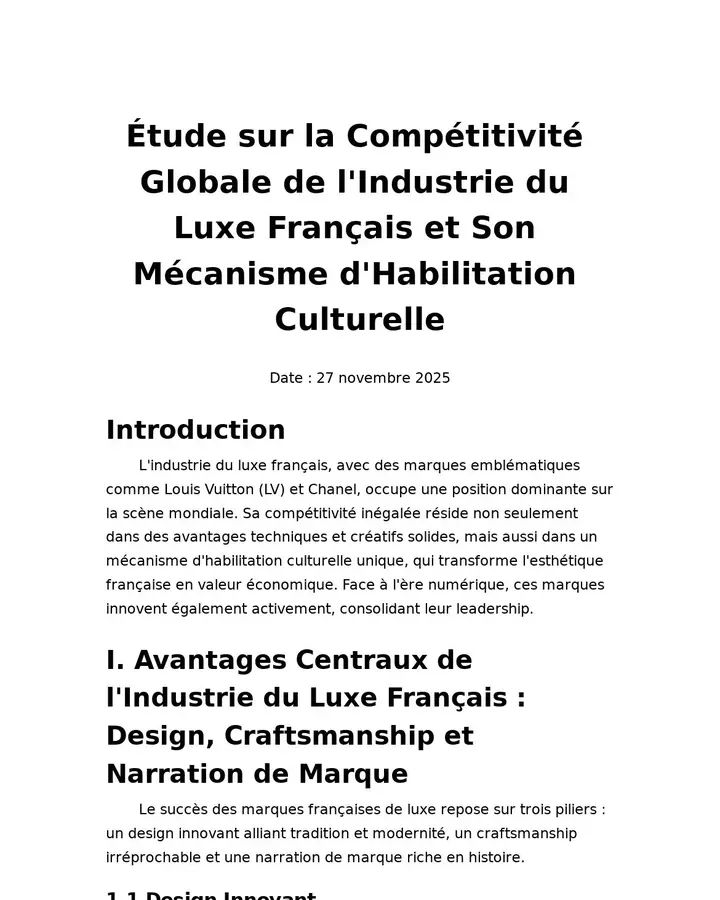 Étude sur la Compétitivité Globale de l'Industrie du Luxe Français et Son Mécanisme d'Habilitation Culturelle