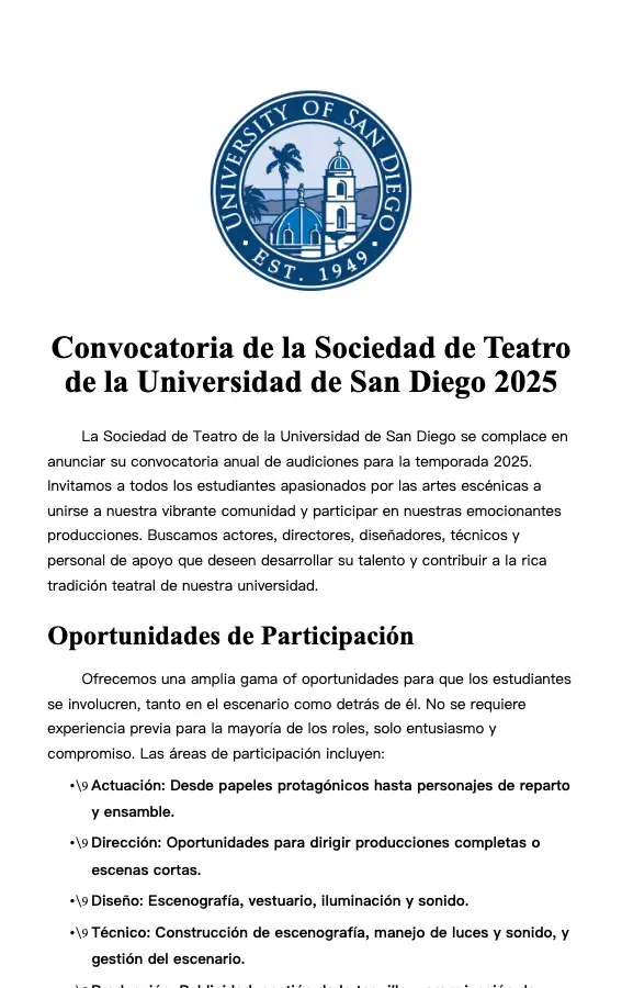 Convocatoria de la Sociedad de Teatro de la Universidad de San Diego 2025 con Emblema