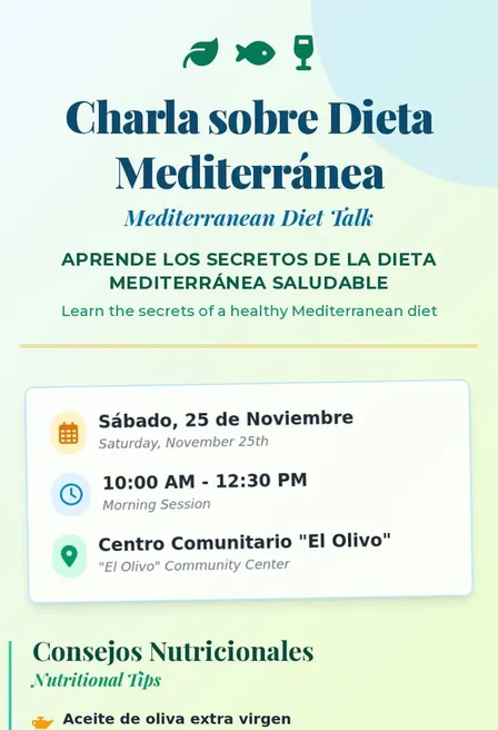 Folleto A4 Bilingüe para Charla Dieta Mediterránea