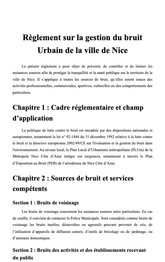 Règlement sur la gestion du bruit urbain de la ville de Nice
