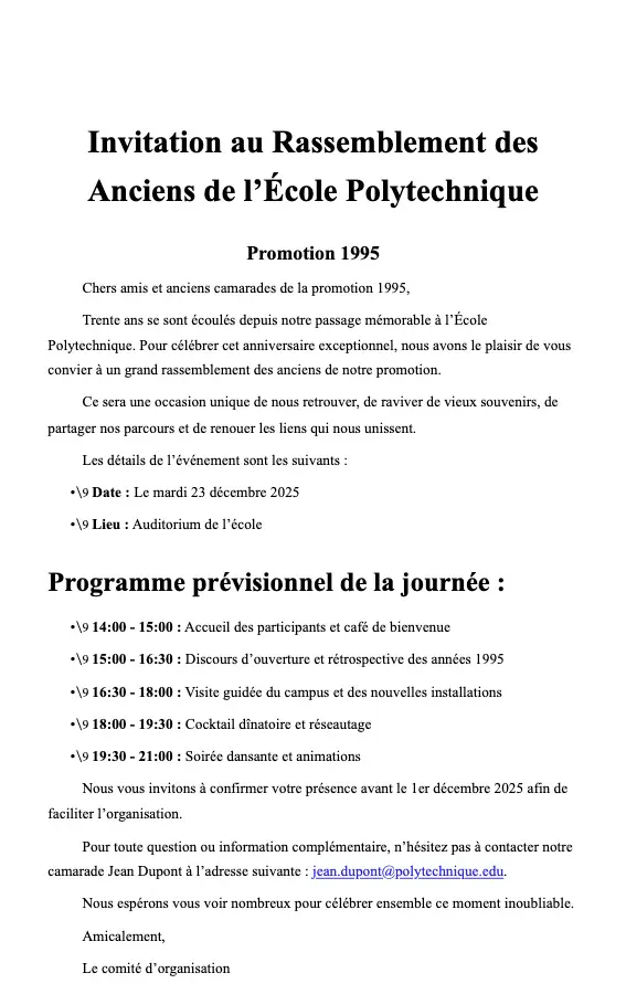 Invitation au rassemblement des anciens de l’École Polytechnique 1995 - Programme